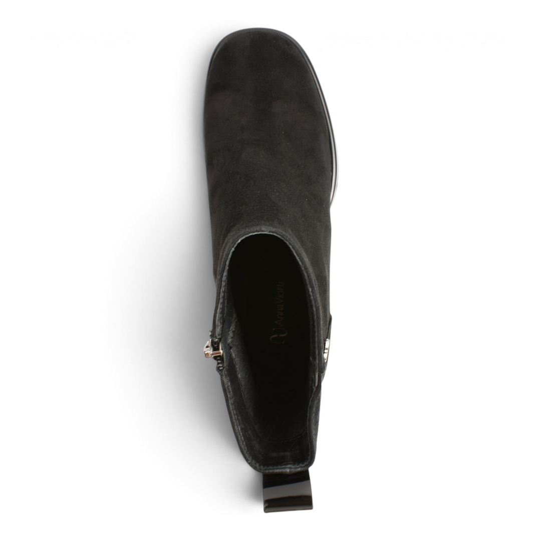 Top view of Anna Viotti black suede ankle boots with side zipper closure from ada-shoes.ro