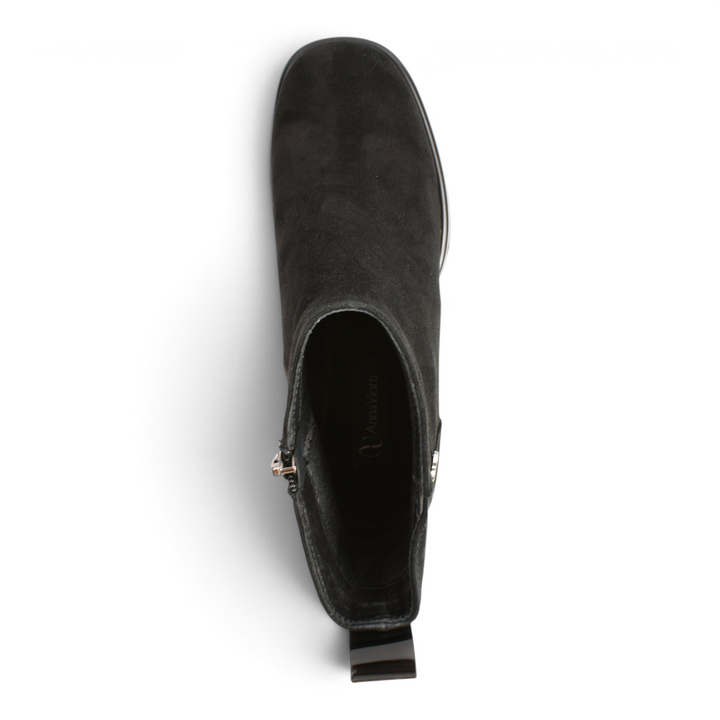 Top view of Anna Viotti black suede ankle boots with side zipper closure from ada-shoes.ro