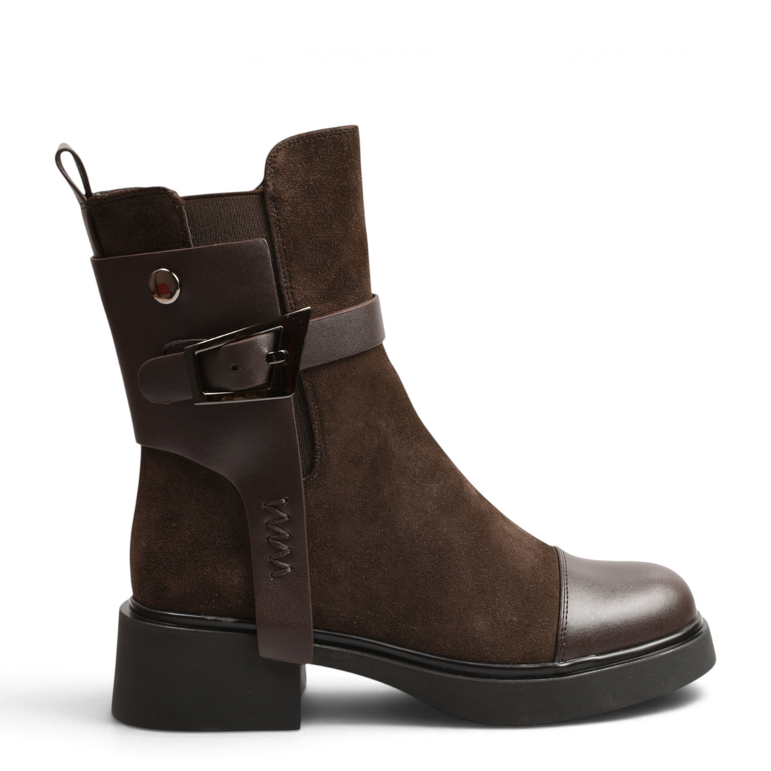 ada-shoes.ro Epica dark brown suede ankle boots with a leather strap, buckle detail, and thick black rubber sole.