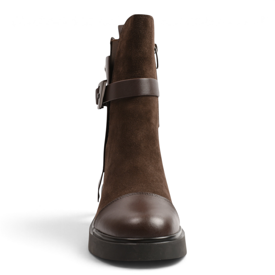 ada-shoes.ro Epica brown suede ankle boots with leather toe cap, side buckle strap, and chunky black sole