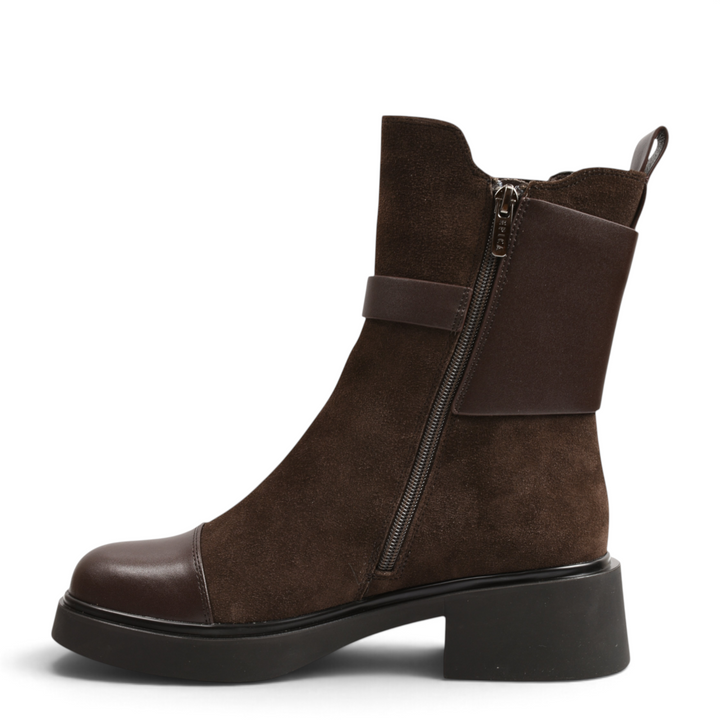 ada-shoes.ro Epica brown suede ankle boots with leather toe cap, side zipper, and chunky black platform sole