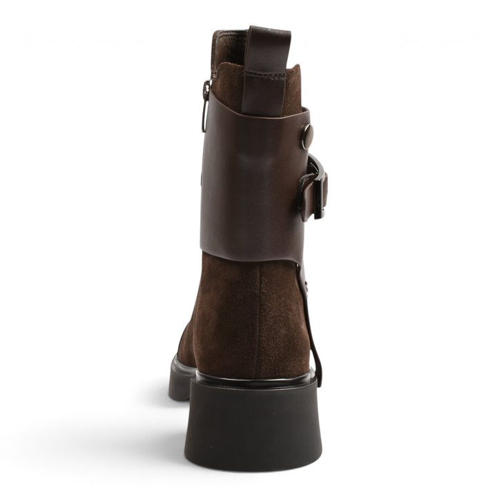 ada-shoes.ro Epica brown suede ankle boots with a decorative buckle strap and thick black rubber sole, rear view