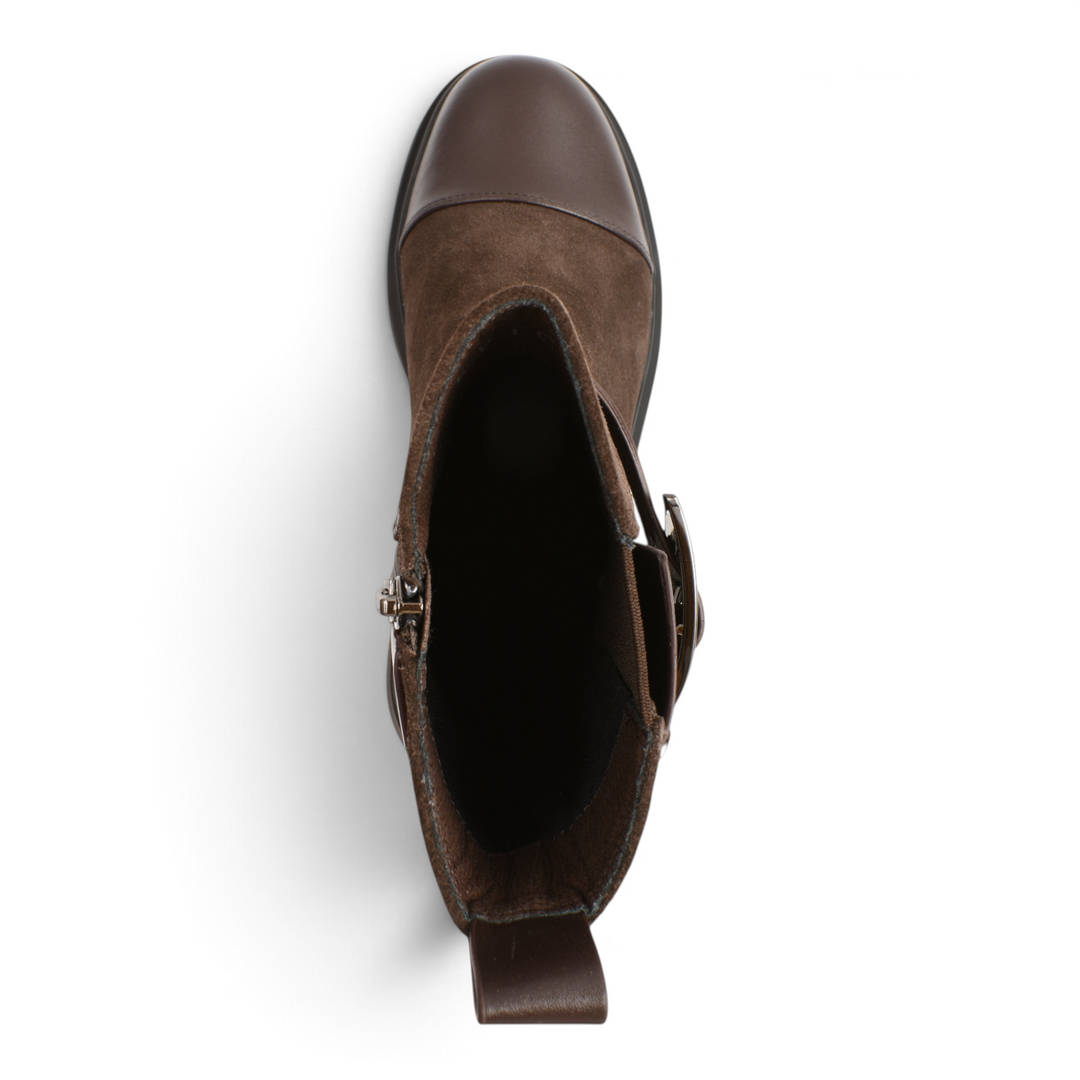 ada-shoes.ro Epica XS70025B-M brown suede and leather ankle boot with side buckle detail, top-down view
