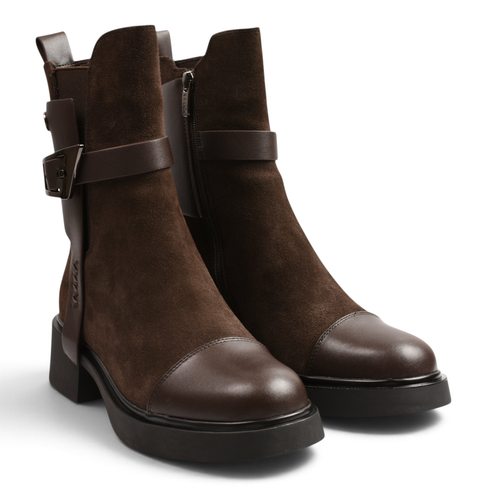 ada-shoes.ro Epica brown suede ankle boots with leather toe cap, side buckle strap, and chunky black rubber sole.