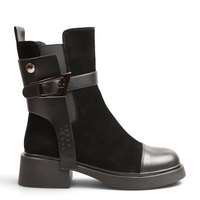 ada-shoes.ro Epica black suede and leather biker boots with geometric buckle and thick block heel