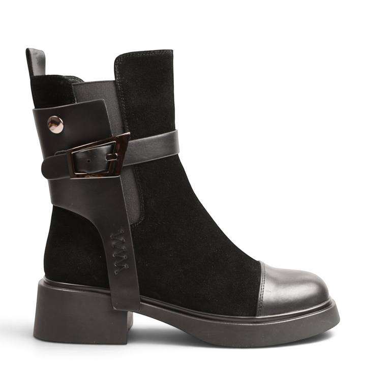 ada-shoes.ro Epica black suede and leather biker boots with geometric buckle and thick block heel
