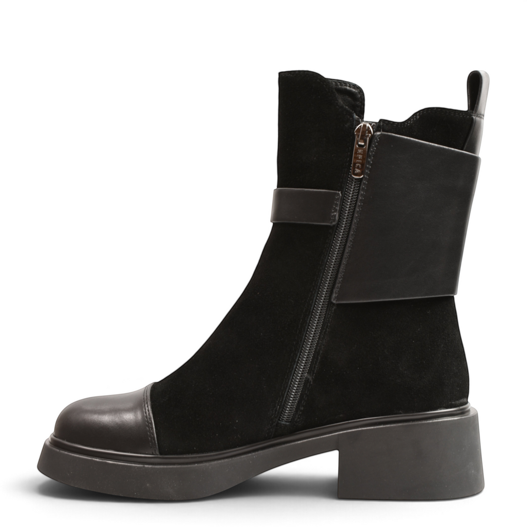 ada-shoes.ro Epica black suede and leather biker boots with side buckle and thick block heel