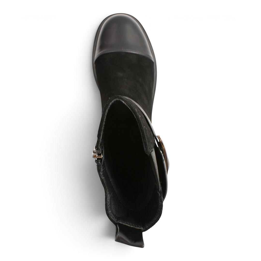 Top view of black suede and leather Epica XS70025A-N ankle boots with a metallic buckle from ada-shoes.ro