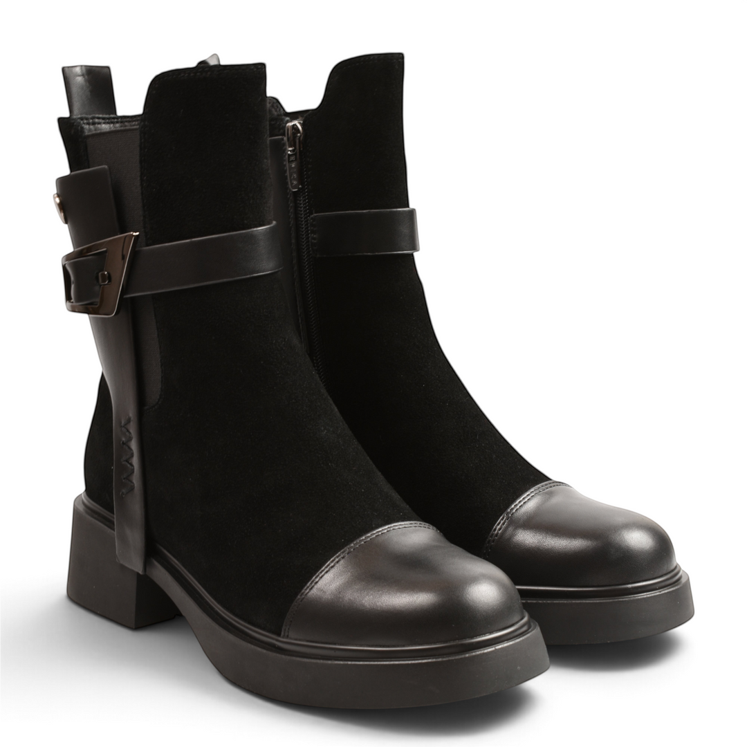 ada-shoes.ro Epica black suede and leather biker boots with geometric buckle and chunky block heel