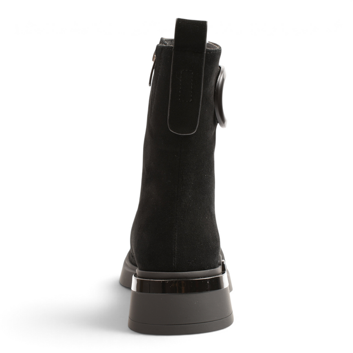 ada-shoes.ro Epica black suede ankle boots with a thick sole and metallic heel detail, rear view.
