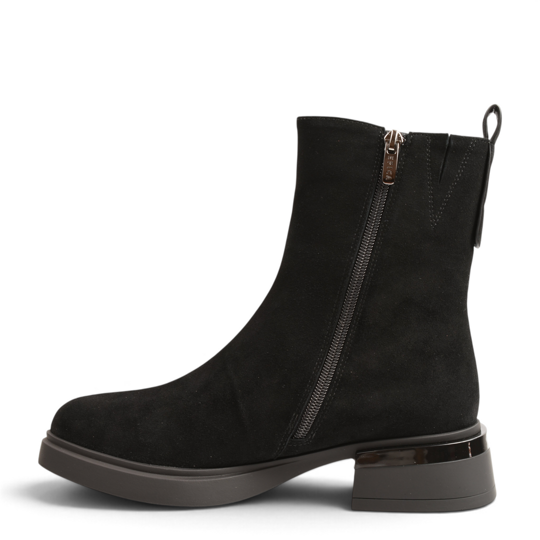 ada-shoes.ro Epica black suede ankle boots with side zipper, thick sole, and metallic heel detail