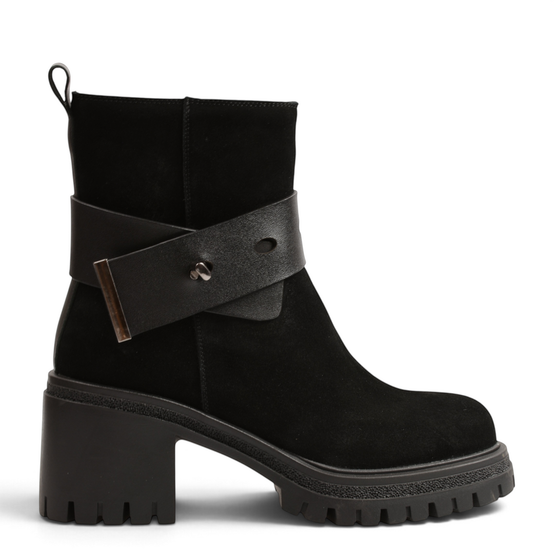 ada-shoes.ro black suede ankle boots with a decorative leather strap, block heel, and lug sole for women.