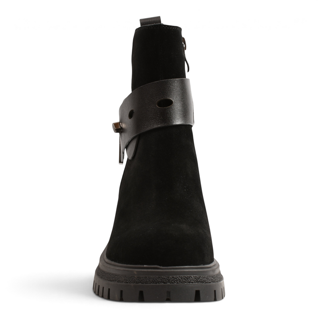 ada-shoes.ro black suede ankle boots with a decorative smooth leather strap and chunky lug sole, front view.