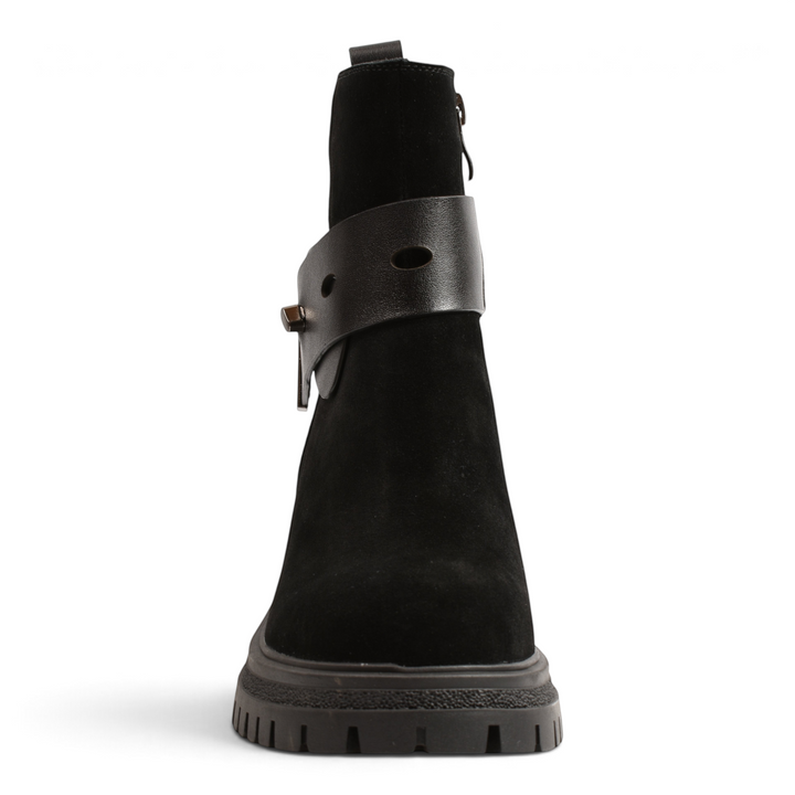 ada-shoes.ro black suede ankle boots with a decorative smooth leather strap and chunky lug sole, front view.