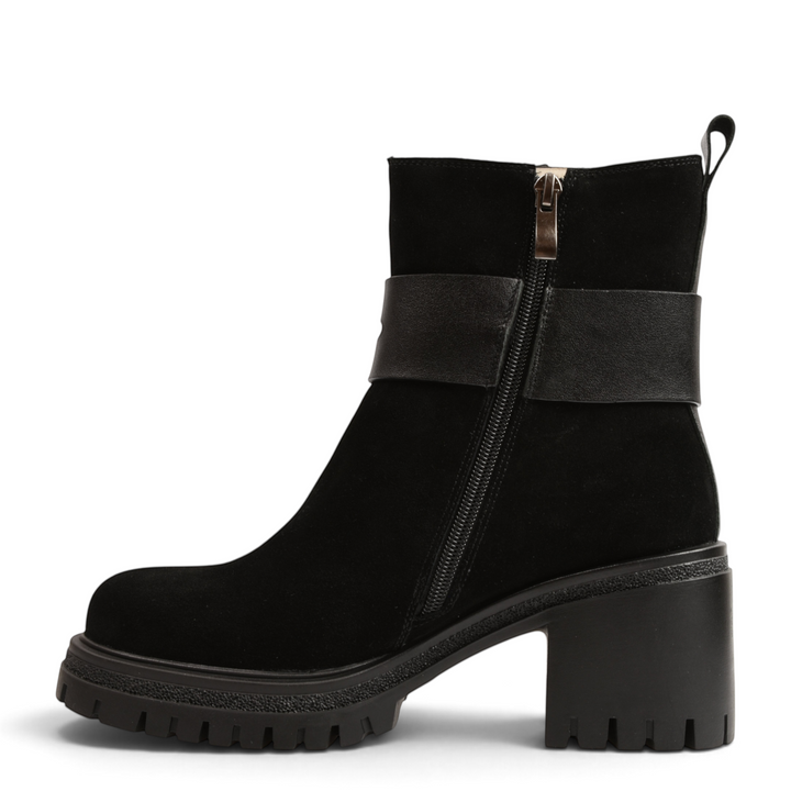 ada-shoes.ro black suede ankle boots with a chunky block heel, decorative strap, and side zipper closure.