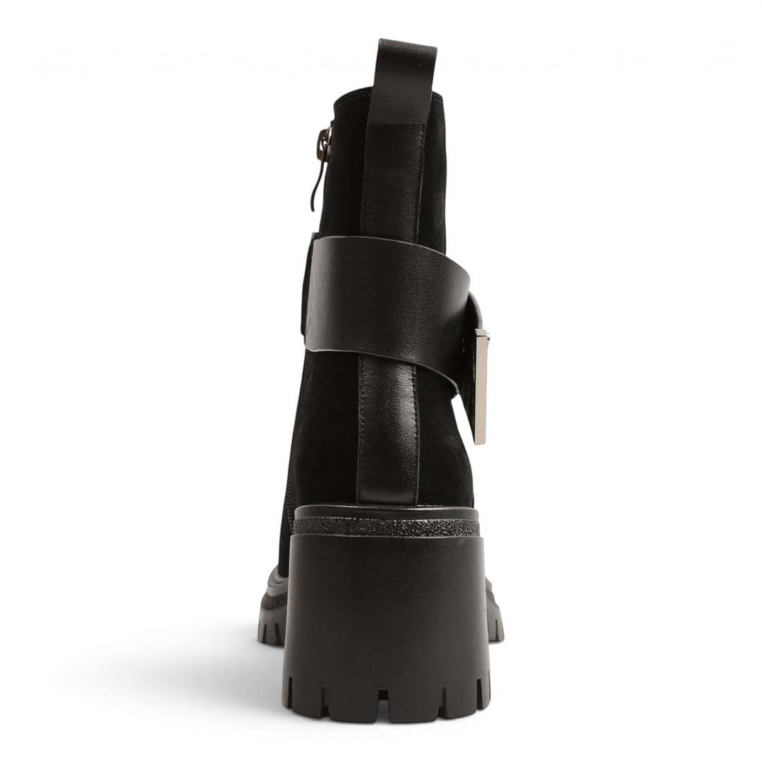 ada-shoes.ro black suede ankle boots with a decorative leather strap and chunky lug sole, back view.