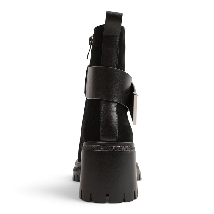 ada-shoes.ro black suede ankle boots with a decorative leather strap and chunky lug sole, back view.