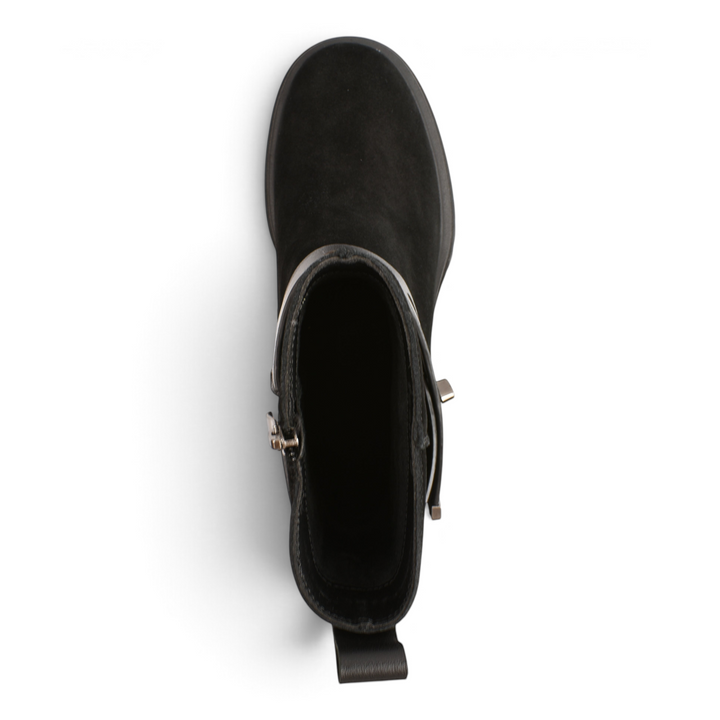Top view of black suede Feeling ankle boots from ada-shoes.ro with a decorative strap and metallic detail.