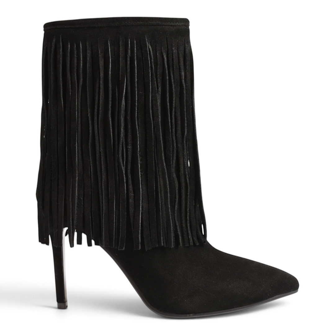 ada-shoes.ro black suede ankle boots with long fringe detail, pointed toe, and high stiletto heel for a boho-chic look.