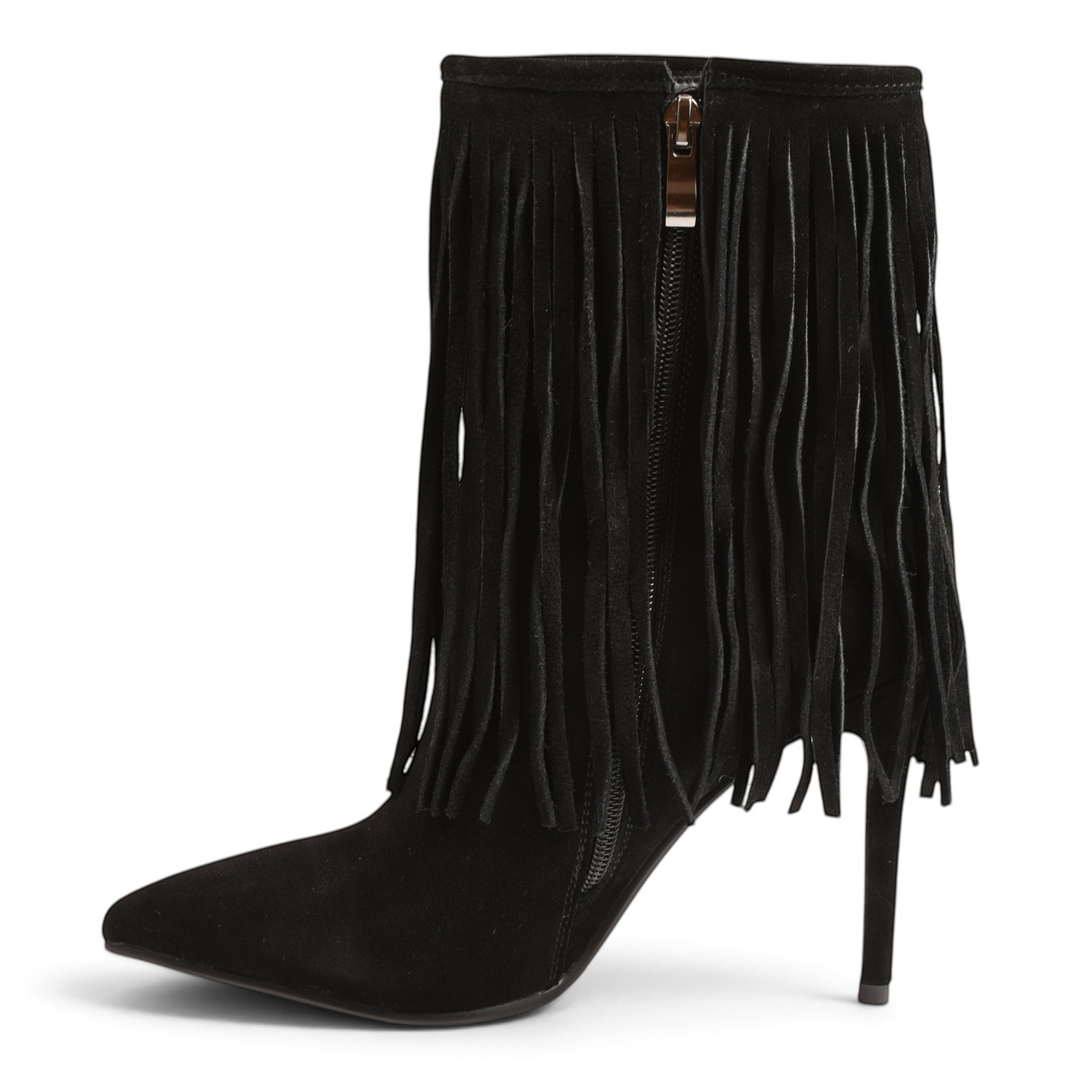 ada-shoes.ro black suede ankle boots with long fringe detail, pointed toe, and high stiletto heel.