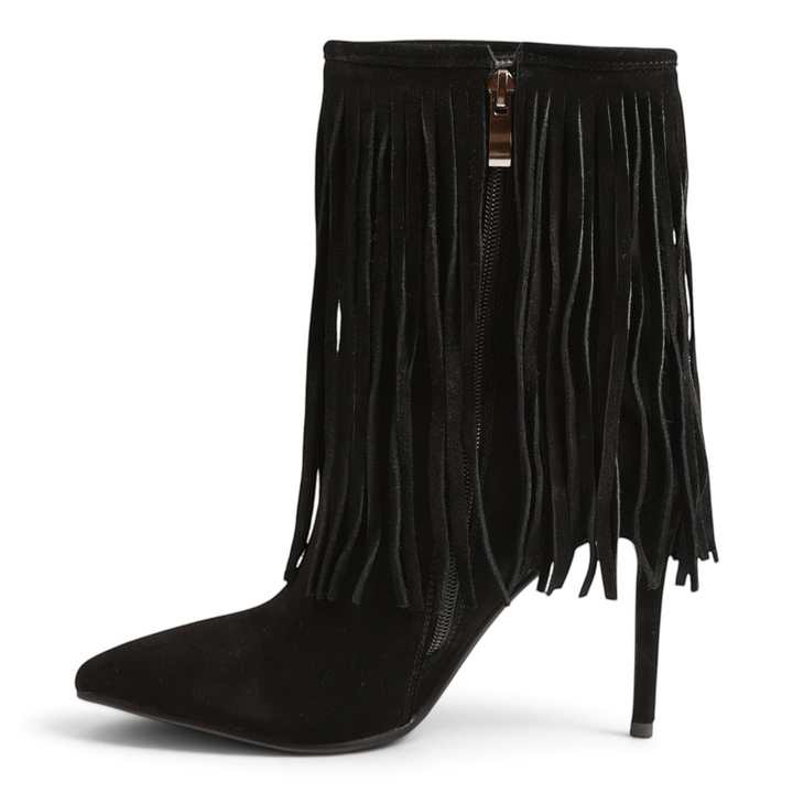 ada-shoes.ro black suede ankle boots with long fringe detail, pointed toe, and high stiletto heel.