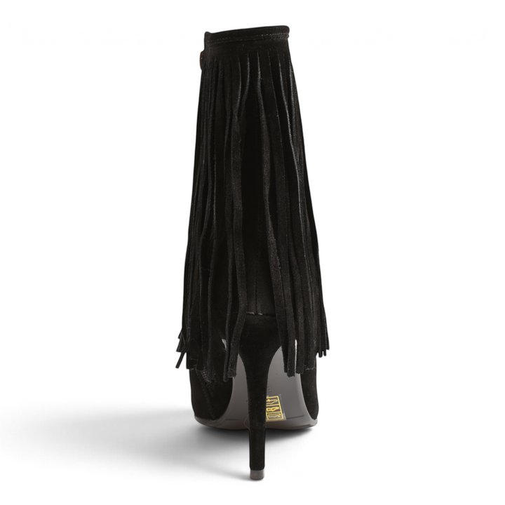 ada-shoes.ro black suede ankle boots with long fringe detail and a high stiletto heel, back view