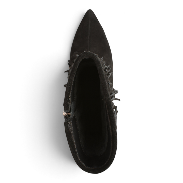 ada-shoes.ro black suede ankle boots with pointed toe and fringe detail, top-down view