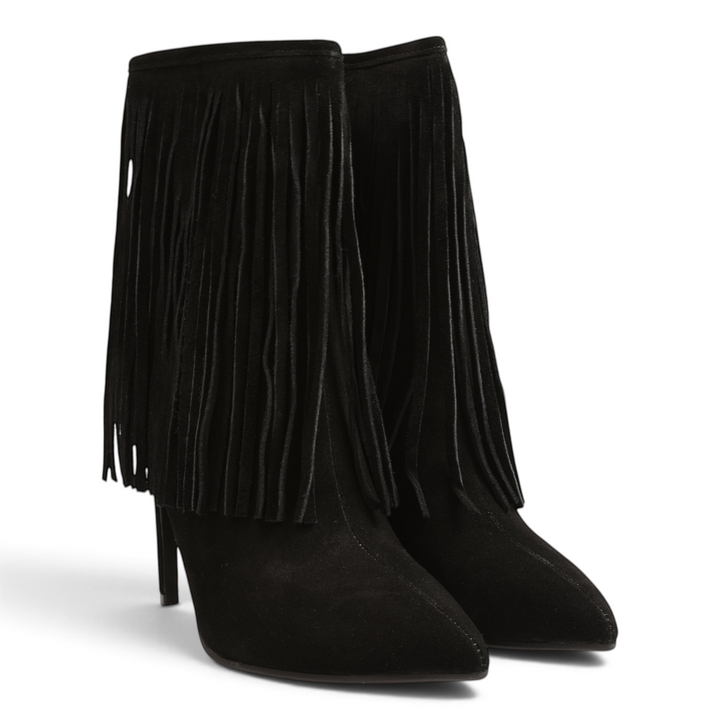 ada-shoes.ro black suede ankle boots with long fringe detail, pointed toe, and high stiletto heel for a boho-chic look.