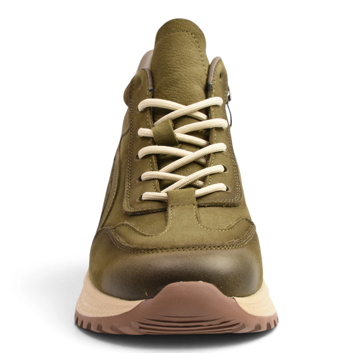 ada-shoes.ro khaki suede outdoor boots with cream laces and beige sole, front view
