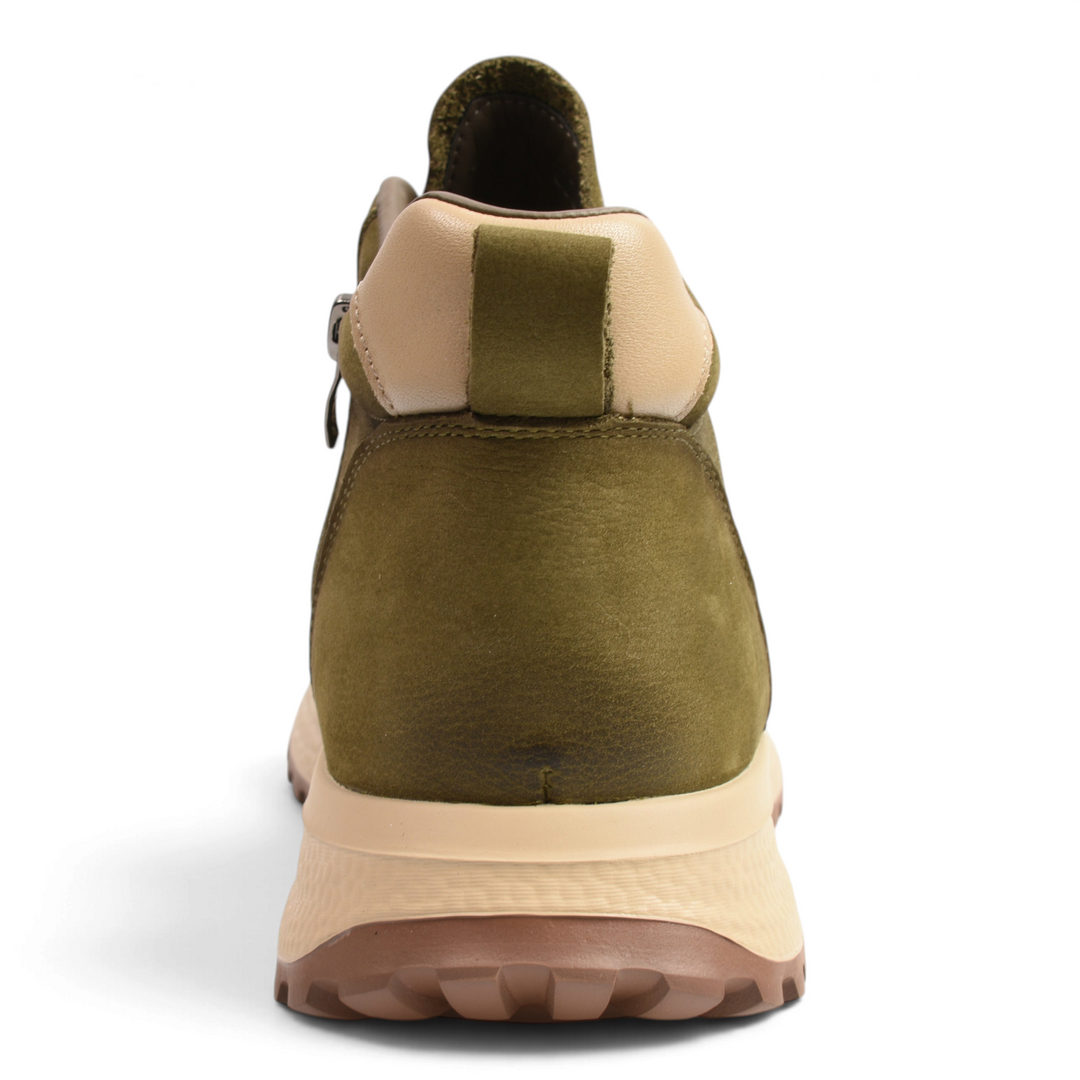 Back view of Ada Shoes 88025-1-K khaki suede ankle boots with a beige heel detail and brown lug sole.