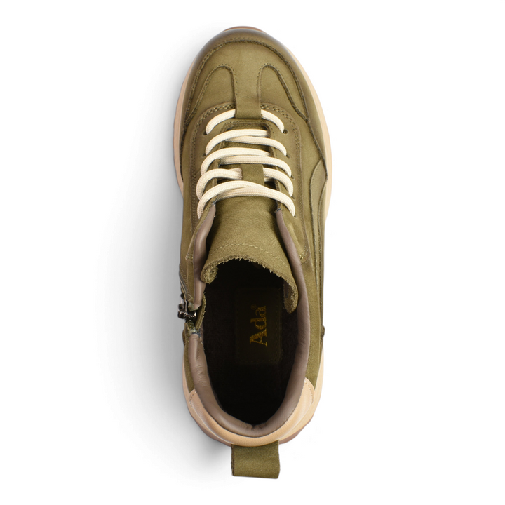 ada-shoes.ro khaki suede ankle boots with cream laces and side zipper, top-down view