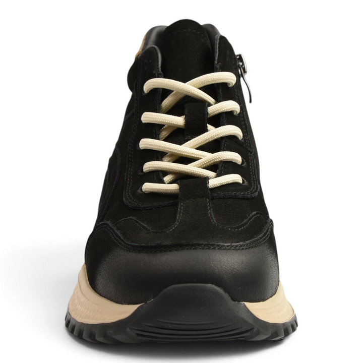 ada-shoes.ro black suede and leather sneakers with beige laces and a thick beige sole, front view