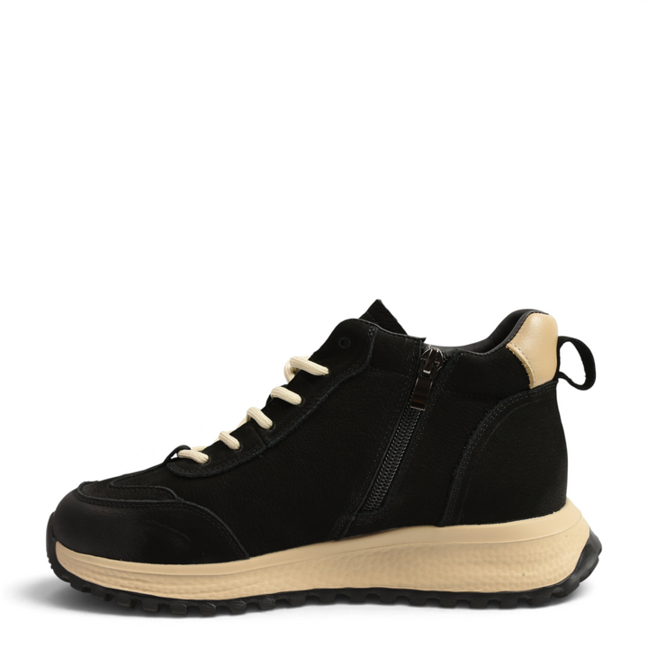 ada-shoes.ro black suede high-top sneakers with beige laces, side zipper, and a thick beige lug sole.