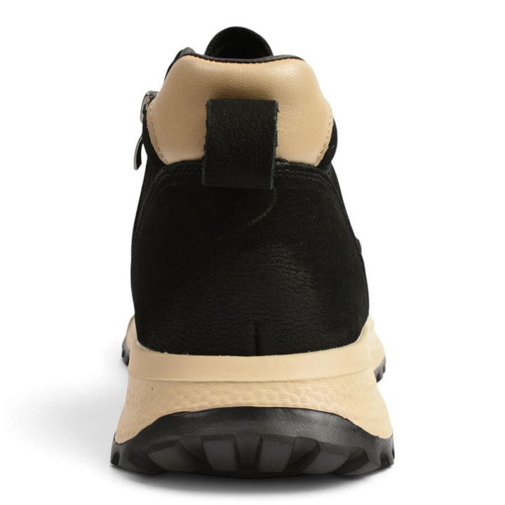 Back view of ada-shoes.ro black and beige leather ankle boots with a thick lug sole