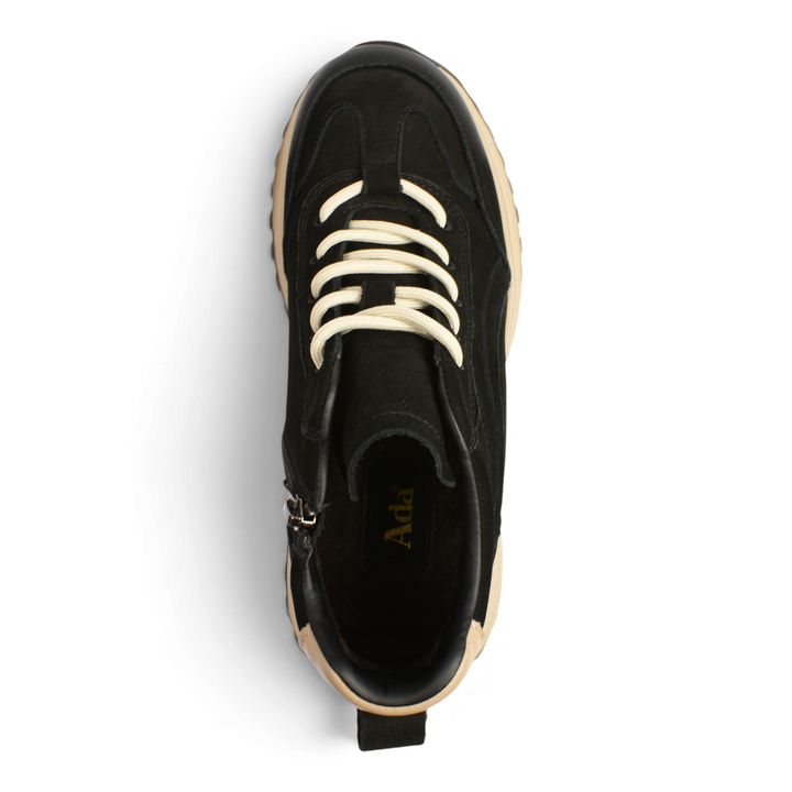ada-shoes.ro black leather ankle boots with cream laces and a thick beige sole, top view