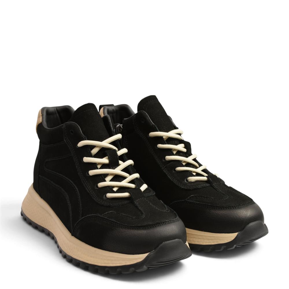 ada-shoes.ro black suede and leather high-top sneakers with beige laces and a chunky beige lug sole