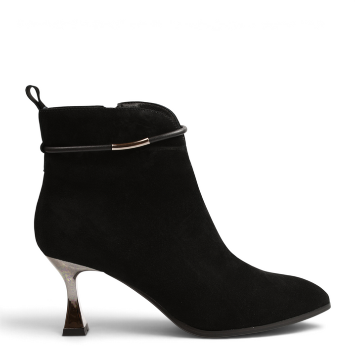 ada-shoes.ro Anna Viotti black suede ankle boots with a unique metallic sculpted heel and thin decorative trim