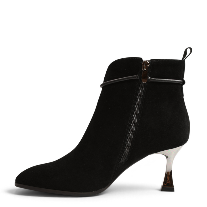 ada-shoes.ro Anna Viotti black suede ankle boots with a side zipper and a unique metallic kitten heel