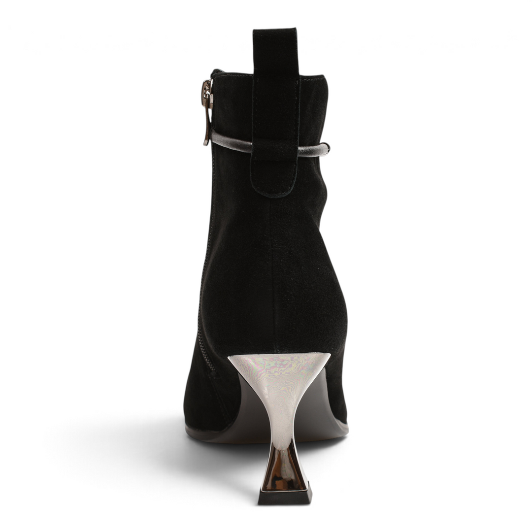 ada-shoes.ro Anna Viotti black suede ankle boots with a unique metallic sculpted heel, rear view.