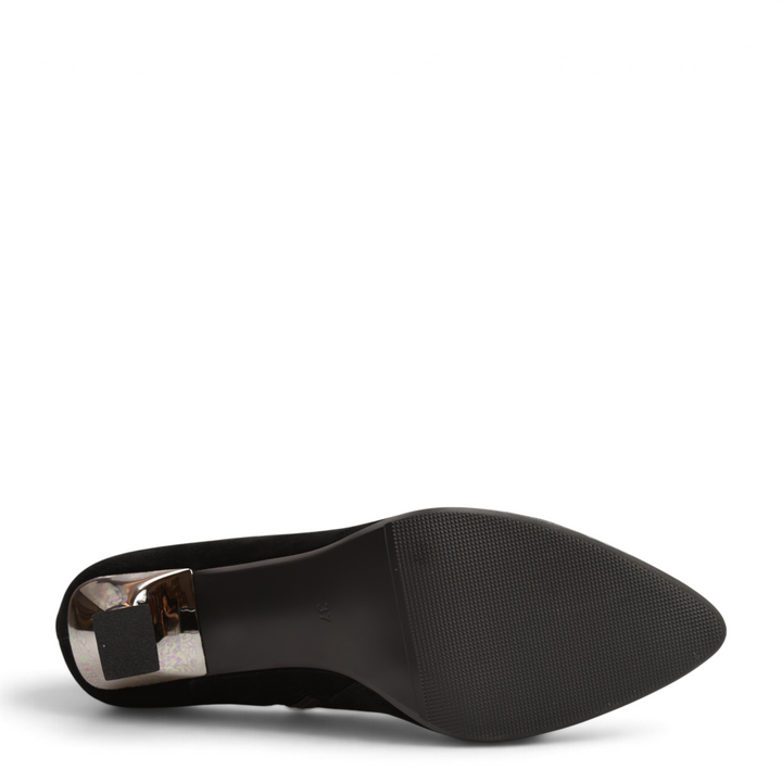 ada-shoes.ro Anna Viotti black suede ankle boot showing the textured sole and metallic block heel