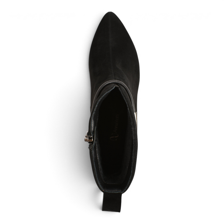 Top view of Anna Viotti black suede ankle boots with a pointed toe from ada-shoes.ro