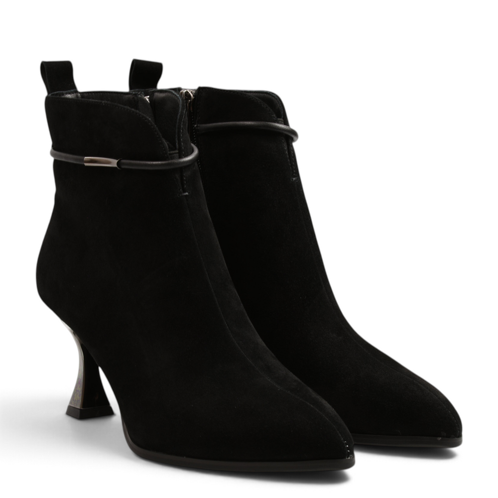 ada-shoes.ro Anna Viotti black suede ankle boots with a unique sculptural heel and delicate ankle strap detail