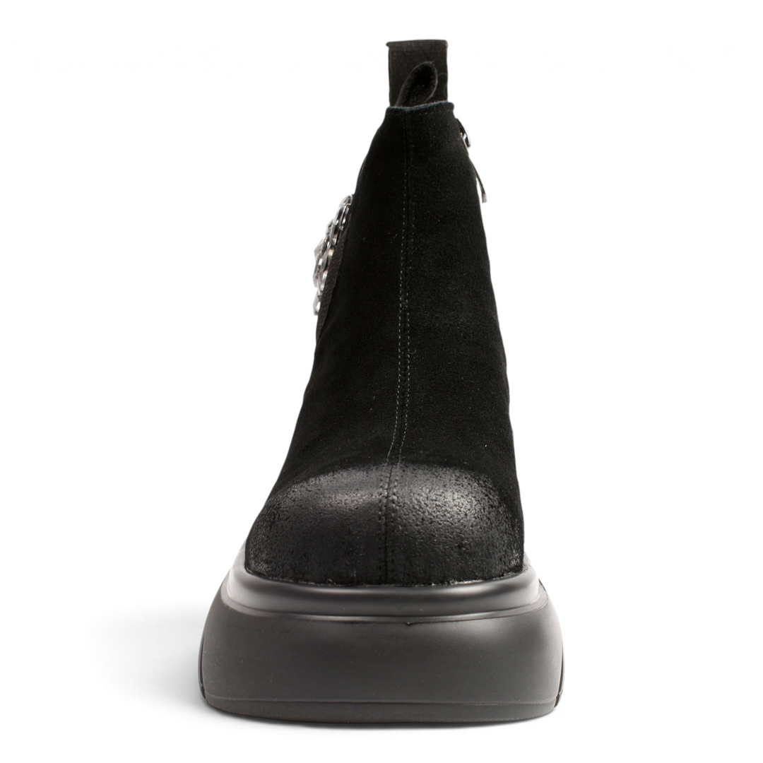 ada-shoes.ro black suede ankle boots with chunky platform sole and crystal flower detail, front view