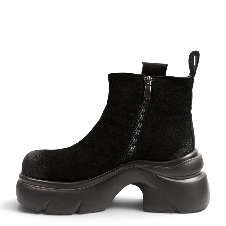 ada-shoes.ro black suede ankle boots with chunky platform sole and side zipper closure for a modern urban look