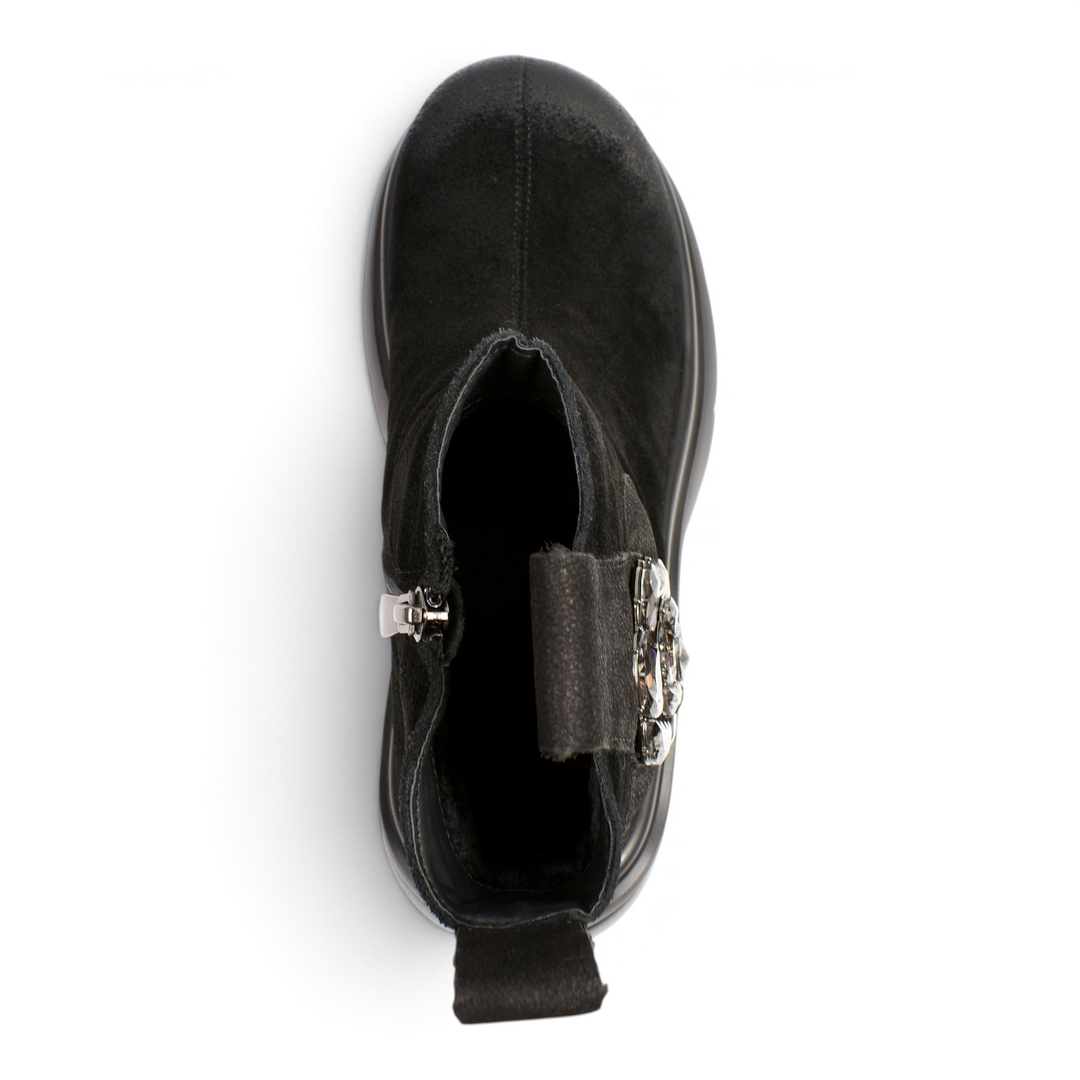 Top view of black suede Ada Shoes 8616-N ankle boots with a chunky sole and crystal flower detail on the side