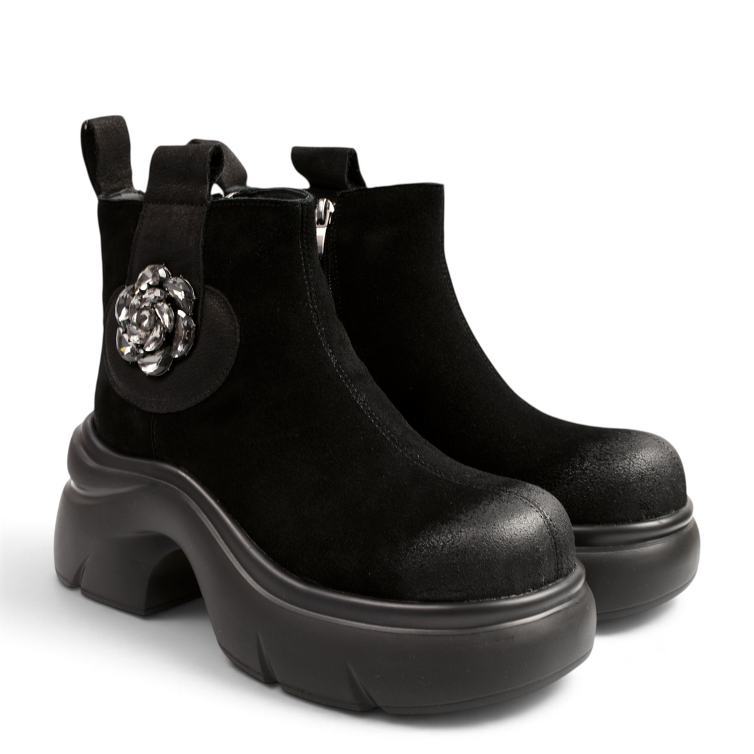 ada-shoes.ro black suede ankle boots with chunky platform soles and a decorative crystal flower embellishment
