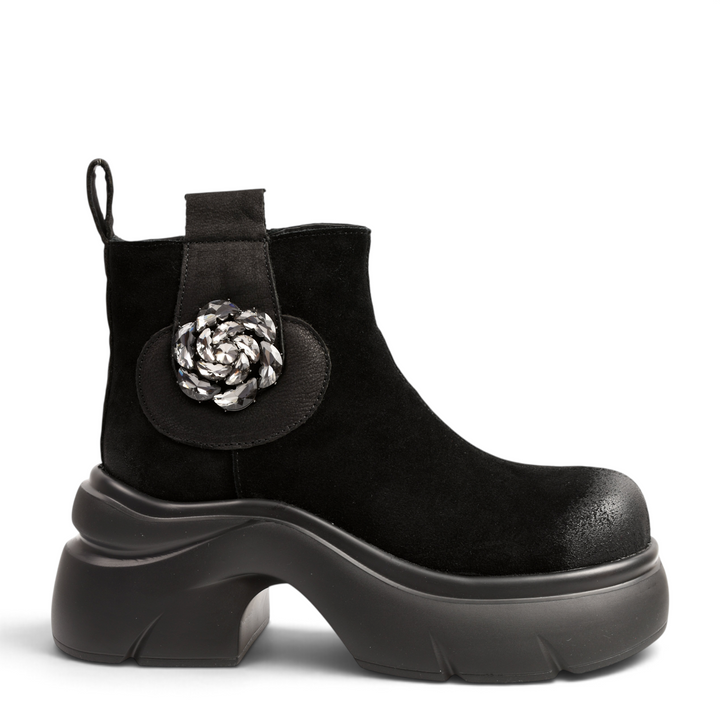 ada-shoes.ro black suede ankle boots with a crystal flower embellishment and a chunky platform sole