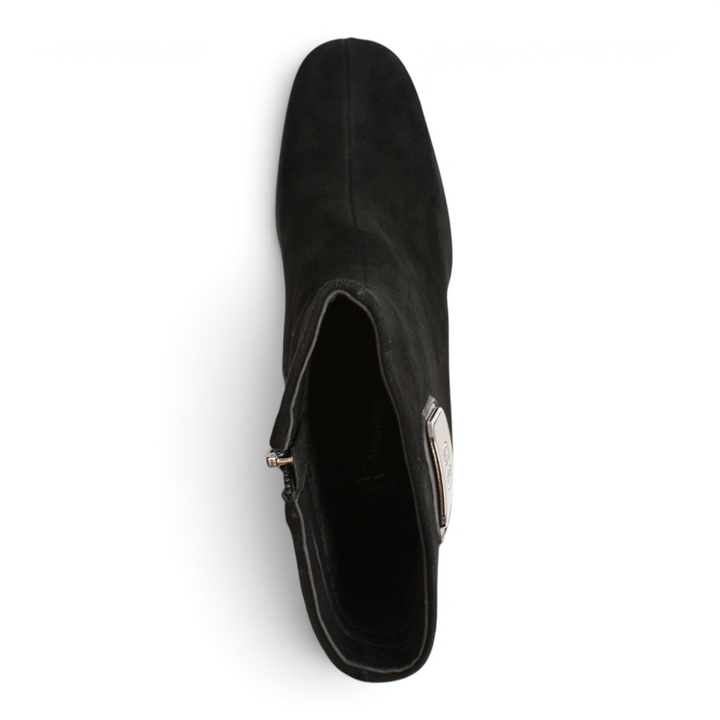 ada-shoes.ro Anna Viotti black suede ankle boots with a side zipper and metallic hardware detail, top view.