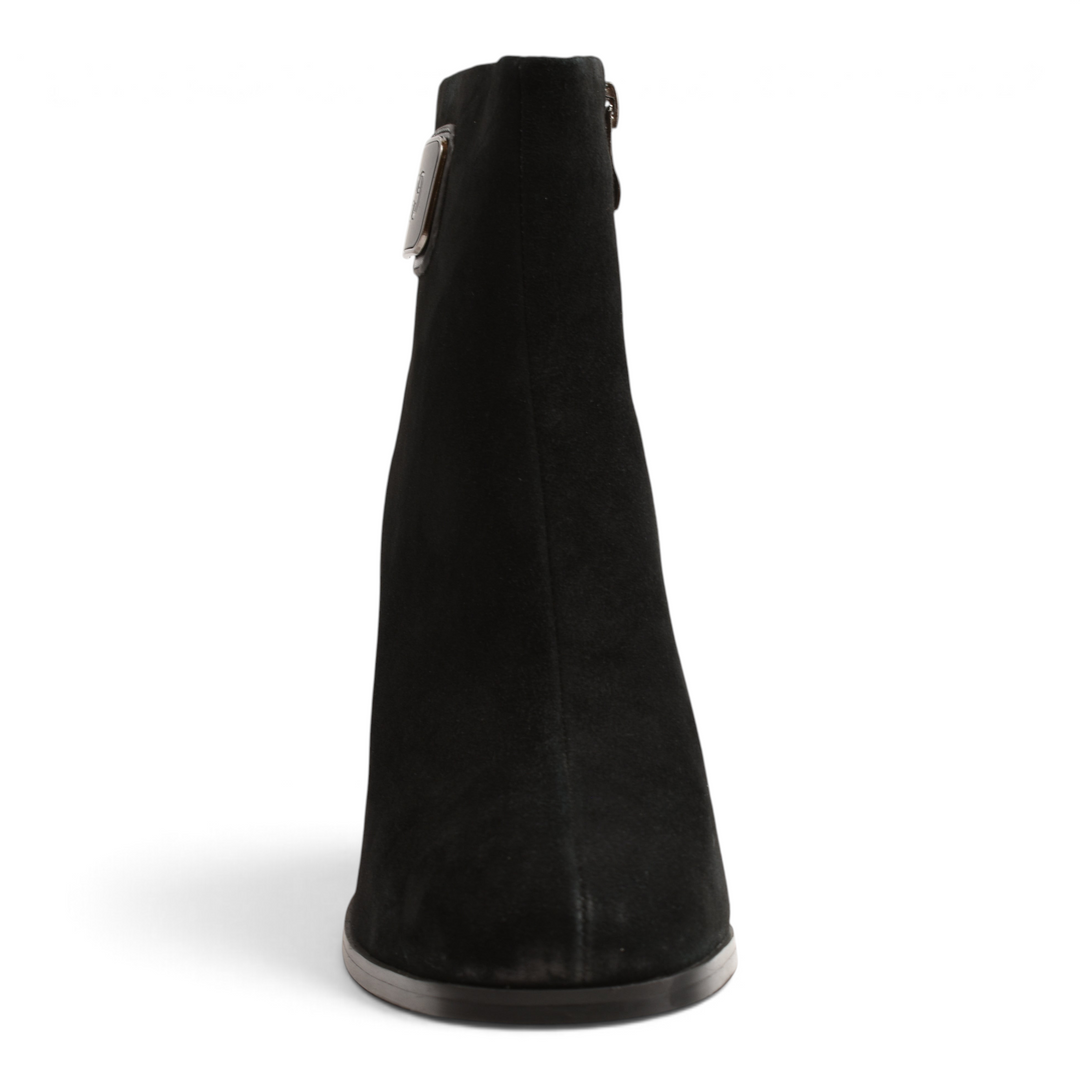 ada-shoes.ro Anna Viotti black suede ankle boots with side buckle detail and low block heel