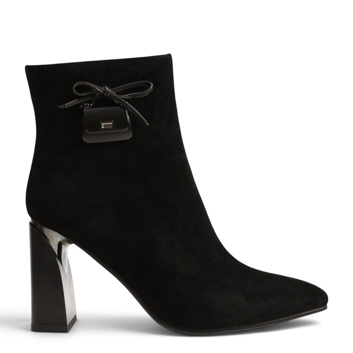 ada-shoes.ro Anna Viotti black suede ankle boots with a pointed toe, bow detail, and architectural block heel.